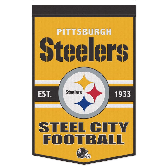 * Officially Licensed Pittsburgh Steelers Slogan Wool Banner.               size: 24"x38"       sku: 47491322-win