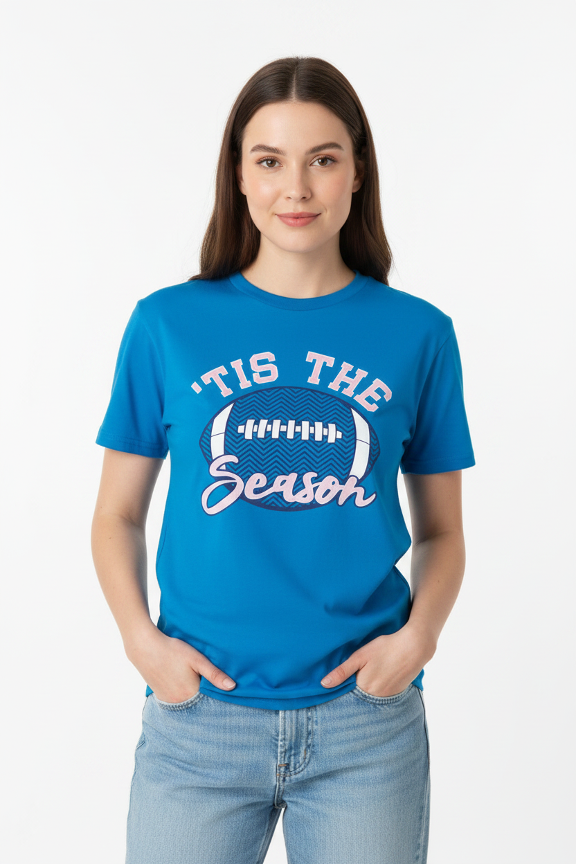 SKU: 98-INH
"'Tis the Season" Football Graphic T-Shirt – Blue