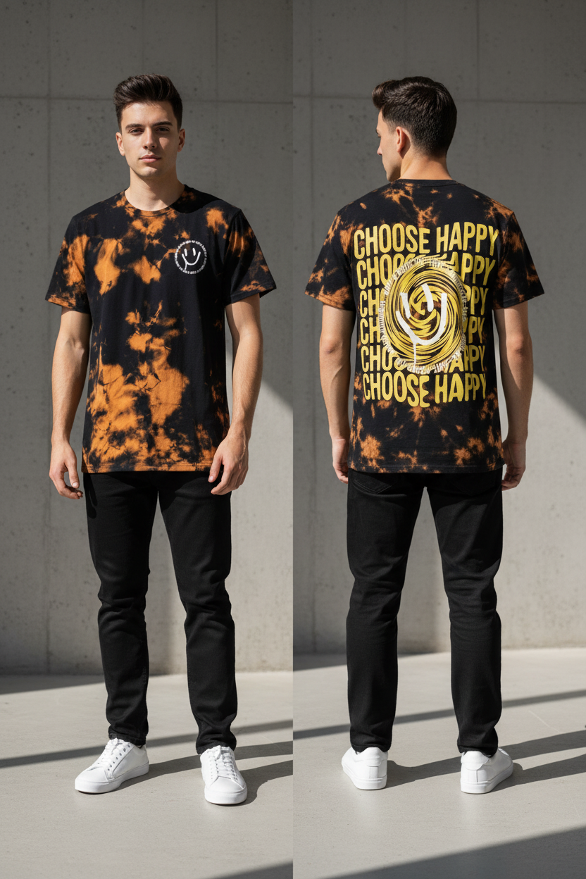 Men's Black & Orange Tie Dye Choose Happy Smile Grapic Tee T-Shirt.  Size: L, XL, 2XL.                              sku: M-INH-39REX
