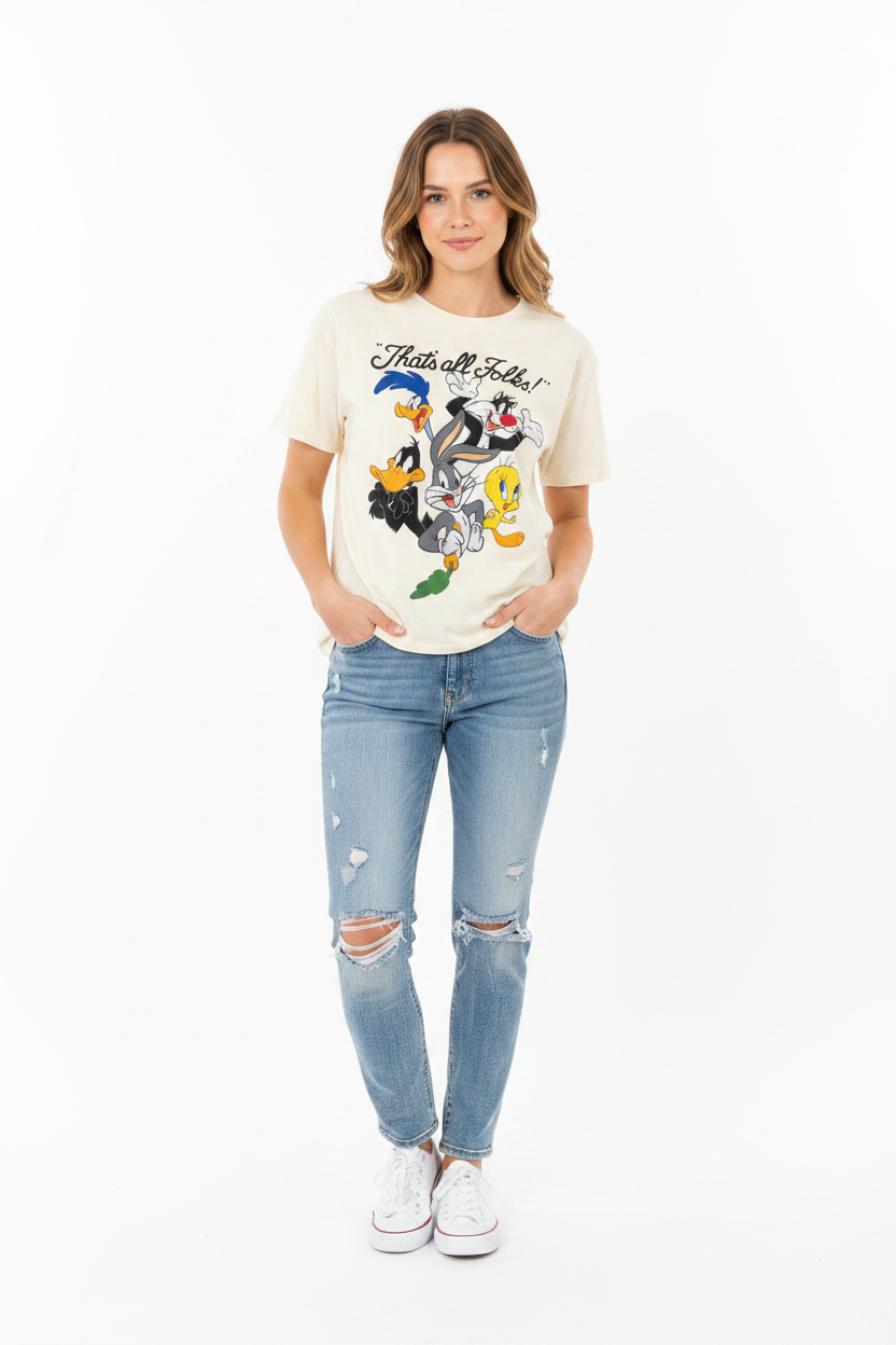 Women Junior  Looney Tunes That's  All Folk Distressed Graphic Tee T-Shirt.        Sku: Looney Tunes.  Size S-XL