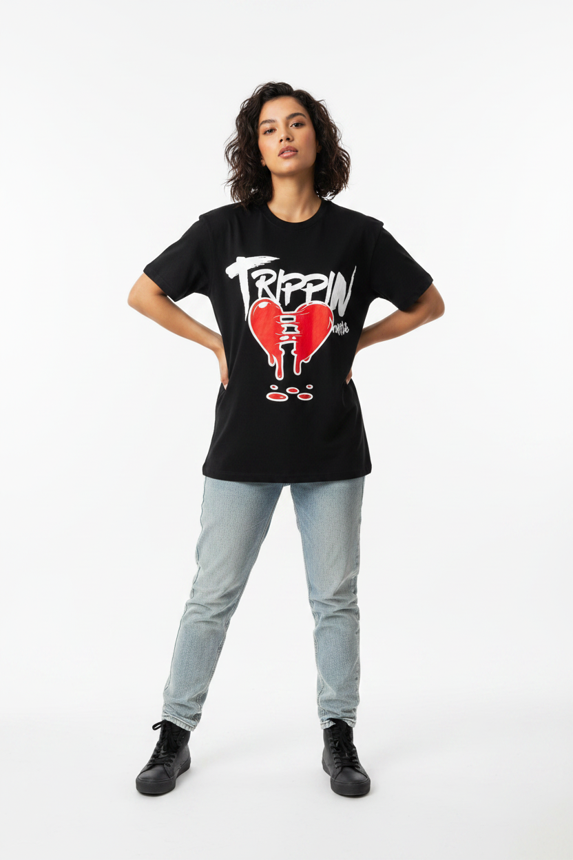 Trippin Heart Graphic T-Shirt – Black Sku: M-INH-47REX