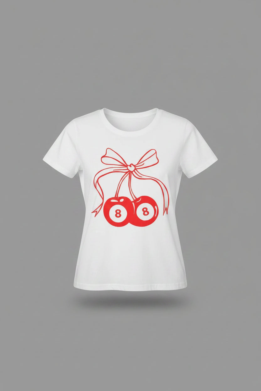 SKU: 100-INH
Women's 8 Ball Cherry Graphic T-Shirt – White