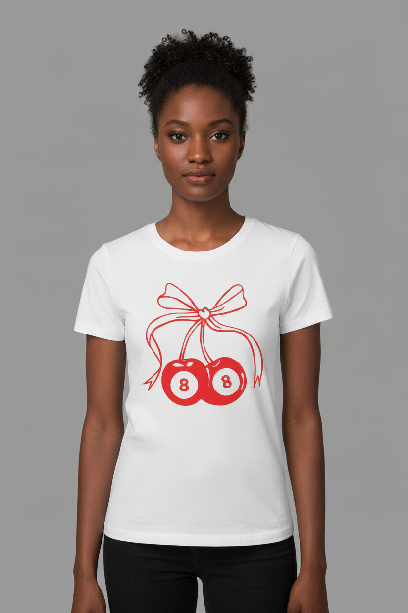 SKU: 100-INH
Women's 8 Ball Cherry Graphic T-Shirt – White