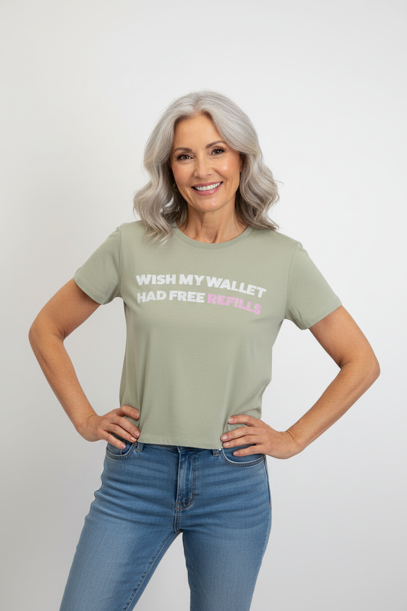 SKU: 97-INH
Women's "Wish My Wallet Had Free Refills" Graphic T-Shirt – Sage Green