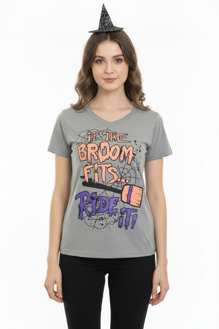 SKU: 103-INH
"If the Broom Fits, Ride It!" Halloween Graphic T-Shirt – Gray