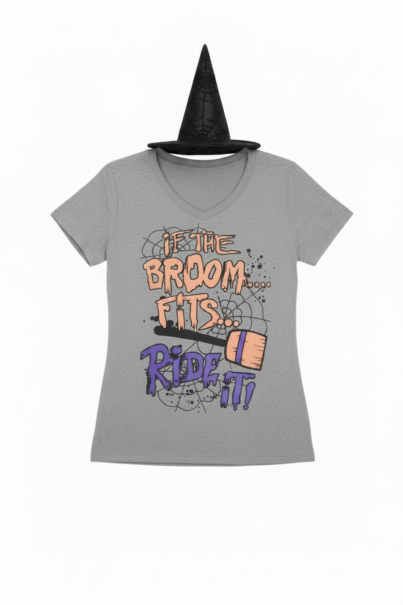 SKU: 103-INH
"If the Broom Fits, Ride It!" Halloween Graphic T-Shirt – Gray