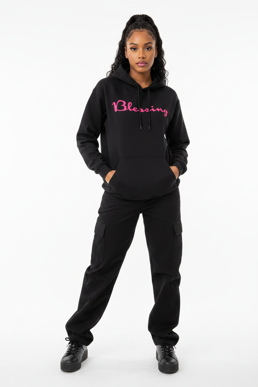 "Blessing" Script Graphic Hoodie sku: 4PLX01780 size: S-3Xl.       Open shock