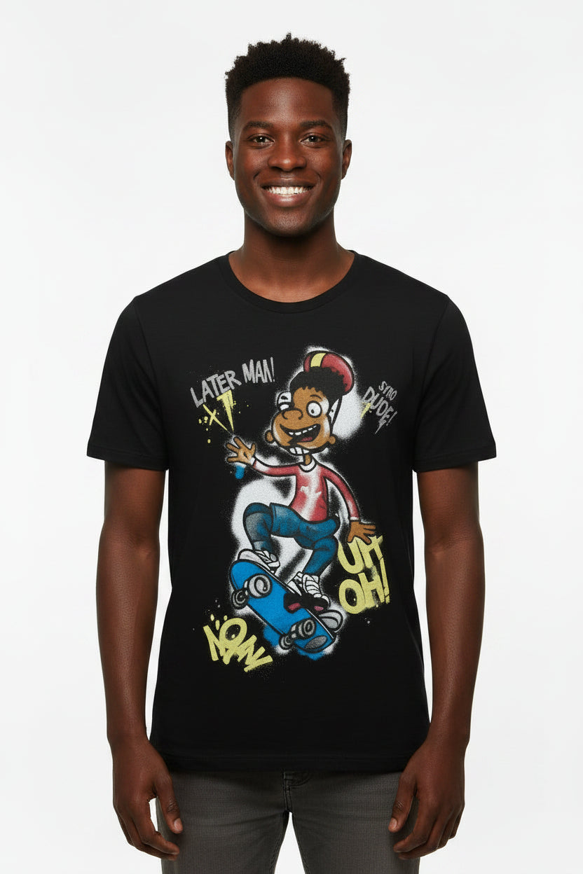 Skateboard Cartoon Graphic T-Shirt – Black.      Sku H-22